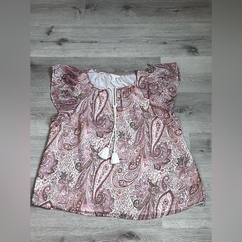 Lucky Brand Pink Paisley Tassel Flutter Sleeve Top